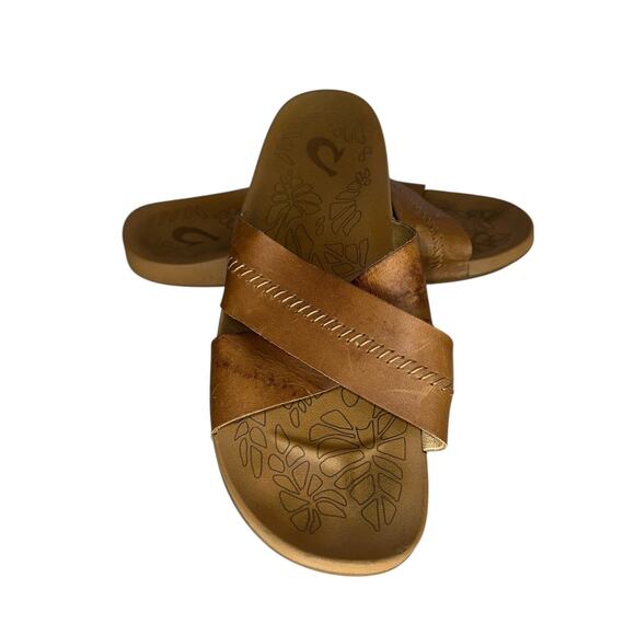 Olukai Kīpe‘a ‘Olu Women’s Leather Floral Foot Slide Sandals Size 9 - Picture 7 of 11